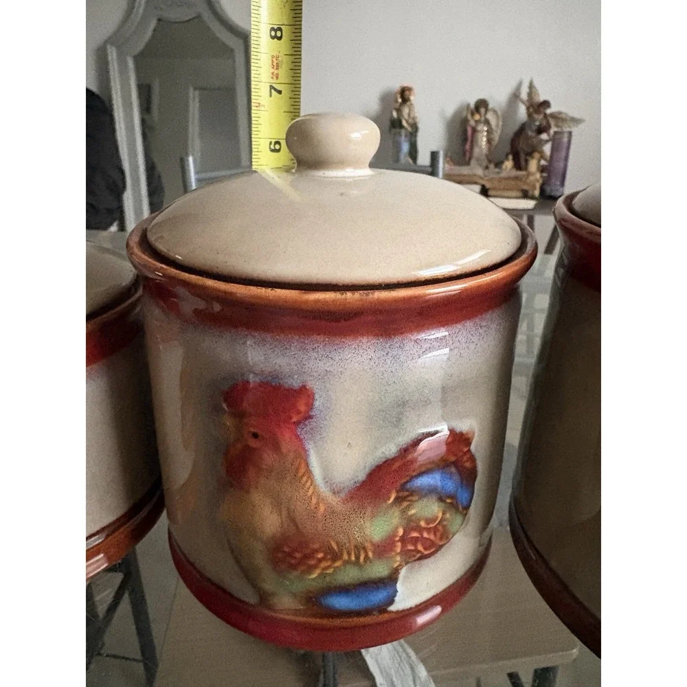 Vintage Ceramic Rooster Canister Set of 3 Drip Glaze Farmhouse Kitchen Jars